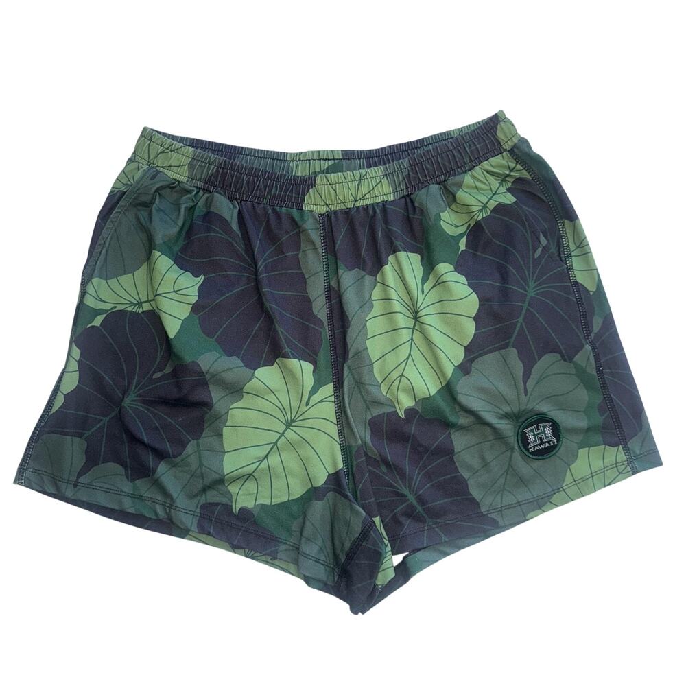 UH HAWAII WAHINE ATHLETIC SHORTS WOMENS SIZE LARGE L GREEN TAPA LEAF PRINT
